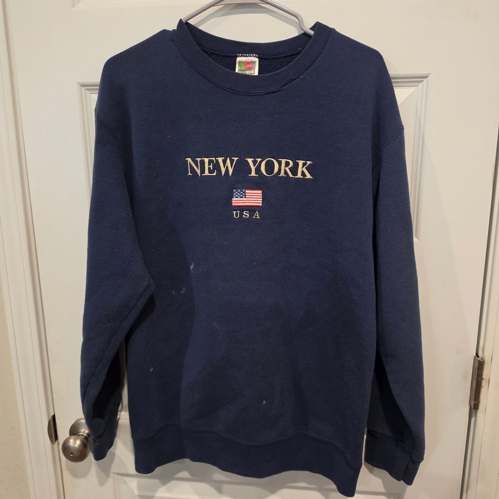 Fruit of the Loom Sweatshirt Mens L Navy Blue Cotton Vintage 90s New York USA L